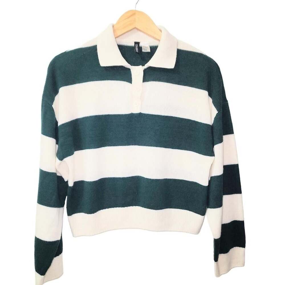 H&M Divided Women's Green and White Striped Long Sleeve Polo Sweater